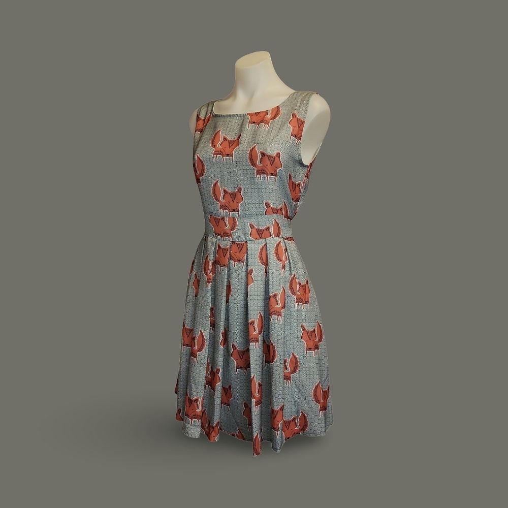 L.A. Soul Fox Print Fit & Flare Sleeveless Tie Dress Blue Orange S Polyester